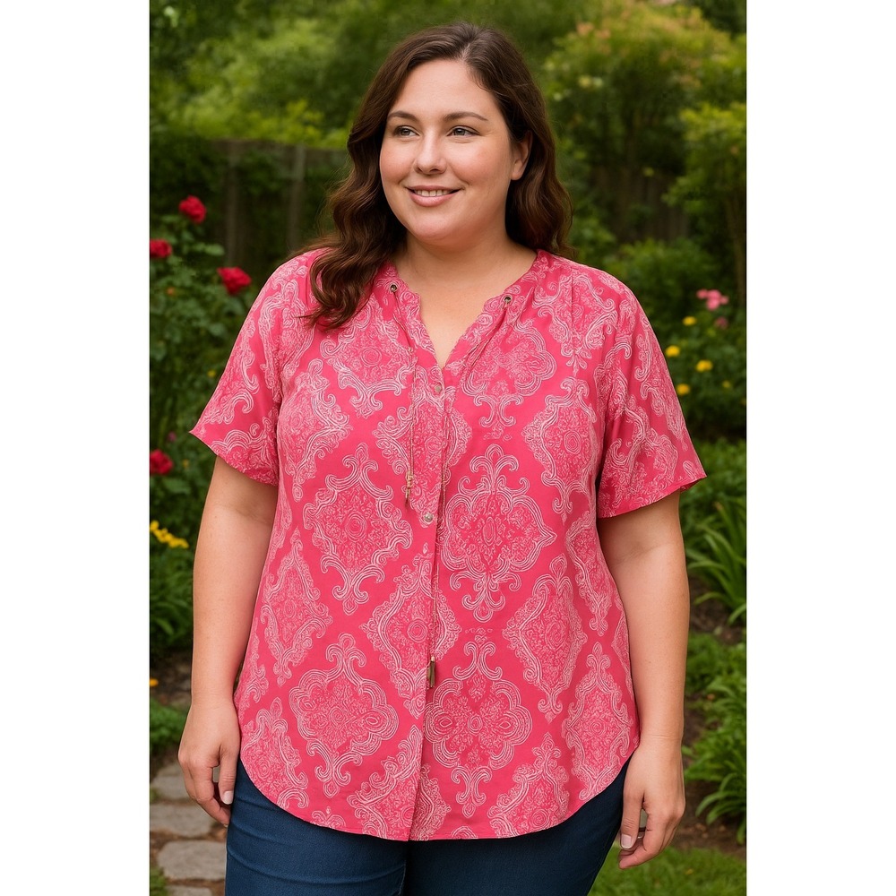 Elementz Woman Top 2X Pink Paisley Boho Peasant Blouse Flowy Coquette Festival